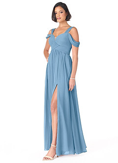 Azazie Lianne Bridesmaid Dresses Steel Blue A-Line Off the Shoulder Chiffon Dress image3