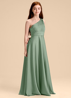 Azazie Charlize Junior Abito A-Line in Raso Elasticizzato Plissettato Matcha image3