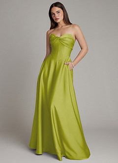 Azazie Meleena Bridesmaid Dresses Lemongrass A-Line Strapless Stretch Satin Dress image1