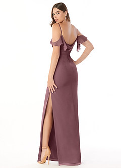 Azazie Emeralda At-home Try On Dresses Amethyst Sheath Off the Shoulder Chiffon Dress image4