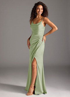 Azazie Deandra Bridesmaid Dresses Dusty Sage Mermaid Pleated Stretch Satin Dress image1