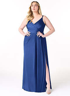 Azazie Aqua Brautjungfernkleider A-Linie V-Hals Gefaltet Stretch-Satin Kleid Königsblau image8