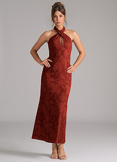 Azazie Marlissa Bridesmaid Dresses Terracotta Sheath Pleated Floral Burnout Dress image1