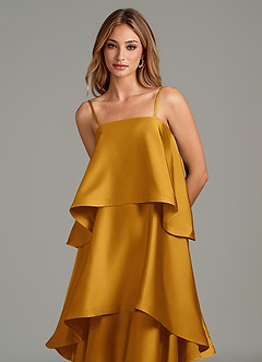 Azazie Azalea Bridesmaid Dresses Butterscotch A-Line Ruched Stretch Satin Dress image2