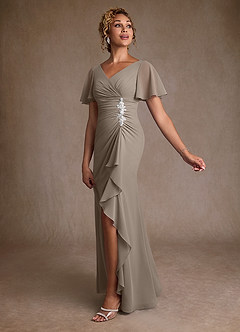 Azazie Suffolk Mother of the Bride Dresses Taupe A-Line Pleated Chiffon Dress image2