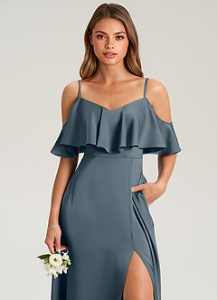 Azazie Jean Jurken voor thuis passen Jurk van Stretch Satijn met A-Lijn Off the Shoulder Donkere Marine image6