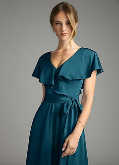 Azazie Lainey Bridesmaid Dresses Ink Blue A-Line with Pockets Stretch Satin Dress image6