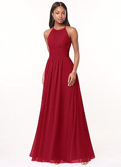 Azazie Bonnie Brautjungfernkleider A-Linie Schlüsselloch Gerüscht Chiffon Kleid Scharlachrot image1