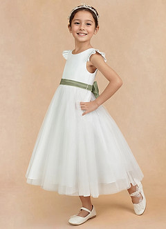 Azazie Hemi Flower Girl Dresses Ivory Pistachio A-Line Bow Tulle Dress image4