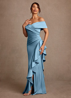 Azazie Kirsty Mother of the Bride Dresses Steel Blue Sheath Off the Shoulder Stretch Satin Dress image3