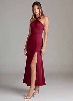 Azazie Rue Bridesmaid Dresses Burgundy Mermaid Pleated Stretch Satin Dress image4