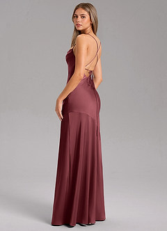 Azazie Grata Bridesmaid Dresses Merlot Sheath Side Slit Stretch Satin Dress image7
