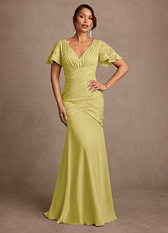 Azazie Jolene Mother of the Bride Dresses Canary Mermaid Pleated Floral Burnout Dress image1