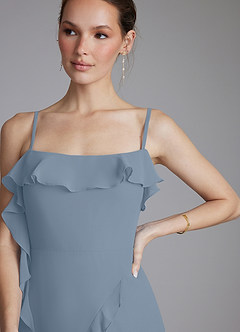 Azazie Malia At-home Try On Dresses Dusty Blue Sheath Ruched Chiffon Dress image3