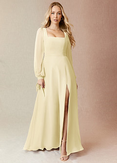 Azazie Leonia Robes de demoiselle d'honneur Robe Trapèze en Mousseline de soie Manche longue Sorbet Citron image3