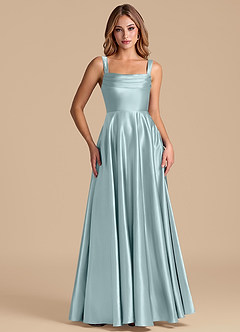 Azazie Shaude 신부 들러리 드레스 A라인 주름진 메탈릭 새틴 바닥 길이 드레스 image5