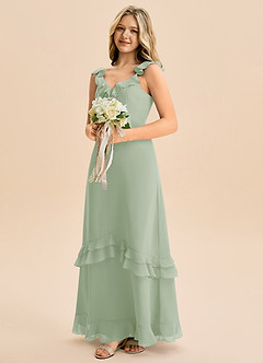 Azazie Tavie Junior Vestido de Salvia Polvorienta de Gasa de Corte en A con Volante image4