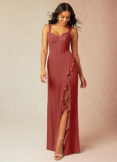 Azazie Camellia Bridesmaid Dresses Terracotta Sheath Lace Chiffon Dress image1