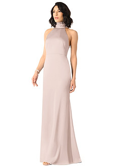 Azazie x Delaney Bridesmaid Dresses Blushing Pink Sheath High Neck Stretch Satin Dress image2