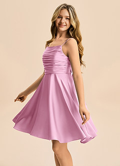 Azazie Miko Junior Candy Pink A-Line Pleated Stretch Satin Dress image7
