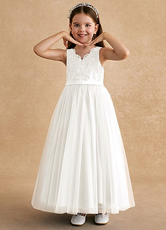 Azazie Cinna Flower Girl Dresses Ivory A-Line Lace Tulle Dress image5