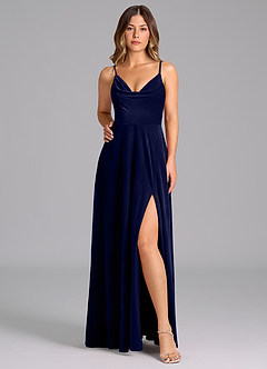 Azazie Sarella Brautjungfernkleider A-Linie Plissee Samt Kleid Dunkelmarine image6