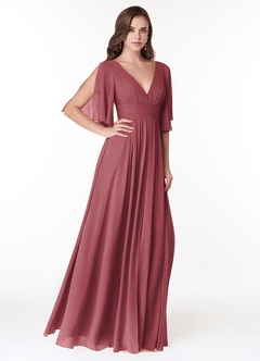 Azazie Temeka Vestidos de damas de honor Vestido de Merlot de Gasa de Corte en A con Volante image4