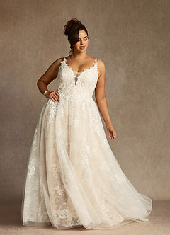 Azazie Jolene Wedding Dresses Diamond White Champagne A-Line Lace Tulle Dress image7