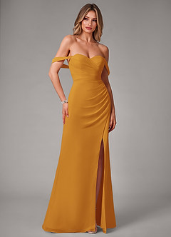 Azazie Haisley Bridesmaid Dresses Butterscotch Sheath Off the Shoulder Chiffon Convertible Dress image3