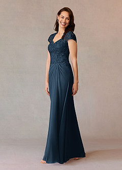 Azazie Junie Mother of the Bride Dresses Dark Navy A-Line Lace Chiffon Dress image3
