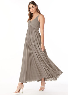 Azazie Raychelle Robes de demoiselle d'honneur Robe Trapèze en Mousseline de soie Col en V Taupe image4