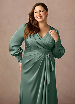 Azazie Petrina Mother of the Bride Dresses Eucalyptus Mermaid Pleated Stretch Satin Dress image11