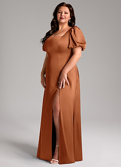 Azazie Fyona Bridesmaid Dresses Copper A-Line Pleated Stretch Satin Dress image10