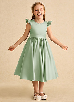 Azazie Dumpling Flower Girl Dresses Dusty Sage A-Line Bow Matte Satin Dress image2