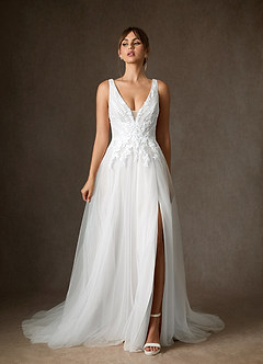 Azazie Goddess Wedding Dresses Diamond White A-Line V-Neck Sequins Tulle Dress image3