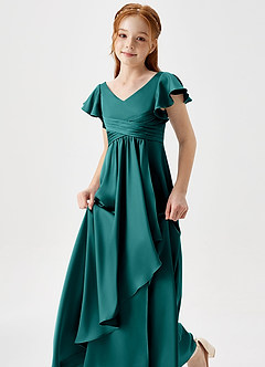 Azazie Omari Junior Peacock A-Line Pleated Stretch Satin Dress image1