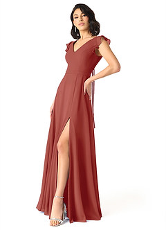 Azazie Claudine Bridesmaid Dresses Terracotta A-Line Flutter Sleeve Chiffon Dress image3