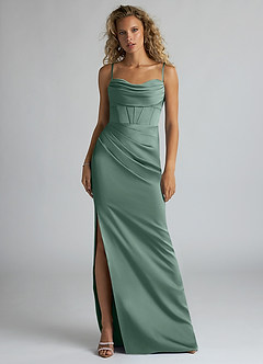Azazie Mai Bridesmaid Dresses Eucalyptus Sheath Pleated Stretch Satin Dress image1