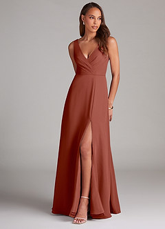 Azazie Nelly Robes de demoiselle d'honneur Robe Trapèze en Mousseline de soie Plissée Auburn image1