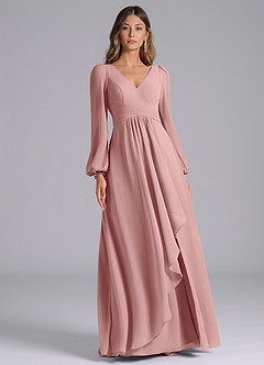 Azazie Liah Bridesmaid Dresses Dusty Rose A-Line Long Sleeve Chiffon Dress image3
