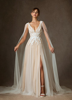 Azazie Goddess Wedding Dresses Diamond White Champagne A-Line V-Neck Sequins Tulle Dress image1