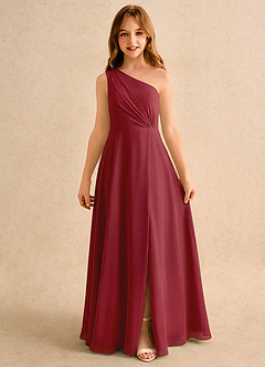 Azazie Puddles Girls Formal Robe Demoiselle D'honneur Fillette Robe Trapèze en Mousseline de soie Une épaule Grenade image6