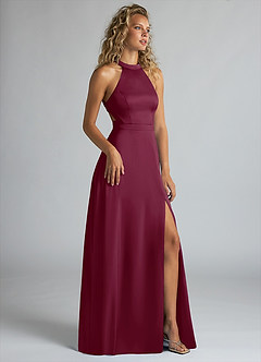 Azazie Clarice Brautjungfernkleider A-Linie Hoher Kragen Stretch-Satin Kleid Maulbeerrot image2