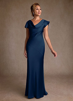 Azazie Shelby Mother of the Bride Dresses Dark Navy Mermaid Pleated Stretch Satin Dress image3