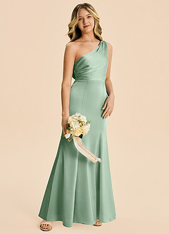 Azazie Ren Junior Agave A-Line Pleated Stretch Satin Dress image3