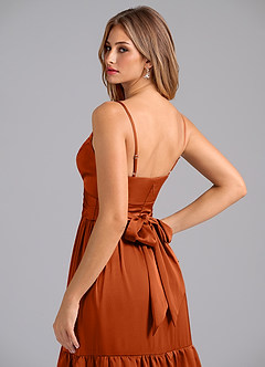 Azazie Nathalia Bridesmaid Dresses Burnt Orange A-Line Pleated Stretch Satin Dress image2
