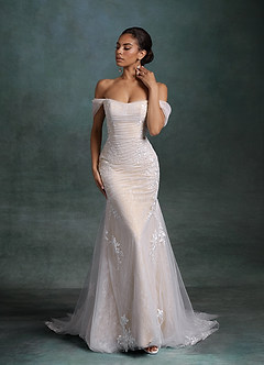 Azazie Ella At-home Try On Dresses Diamond White Champagne Mermaid Sweetheart Neckline Tulle Dress image4