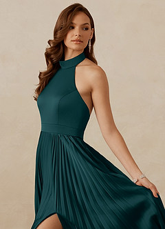 Christian Siriano Bridal for Azazie 1007 Bridesmaid Dresses Pine A-Line Pleated Stretch Satin Dress image2