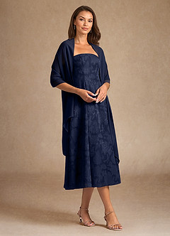 Azazie Lorain Mother of the Bride Dresses Dark Navy A-Line Pleated Floral Burnout Dress image4