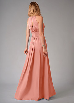 Azazie Bonnie Bridesmaid Dresses Coral A-Line Pleated Stretch Satin Dress image2